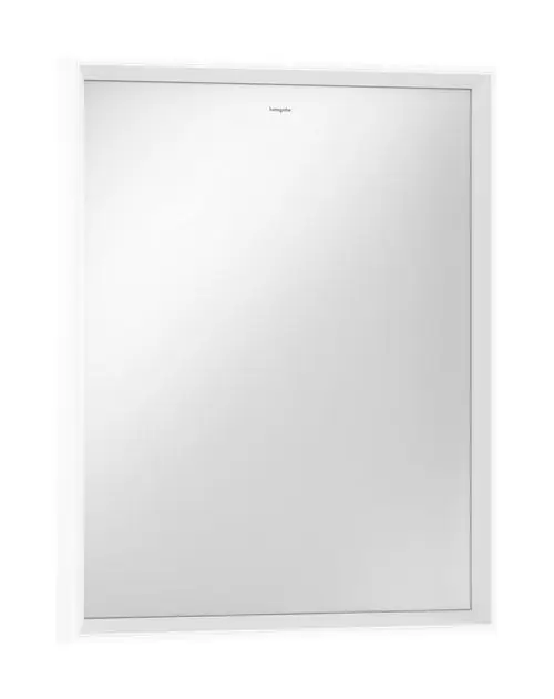 Spiegel mit rahmenloser Spiegelfläche, beleuchtet mit LED, montiert in einem weißen Rahmen. Hervorragend geeignet für den Einsatz im Badezimmer von Hansgrohe.